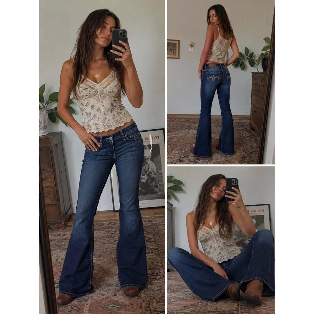 American Eagle Boho Artist Jeans Womens 4 28x29 Blue Flare Stretch Denim 70s